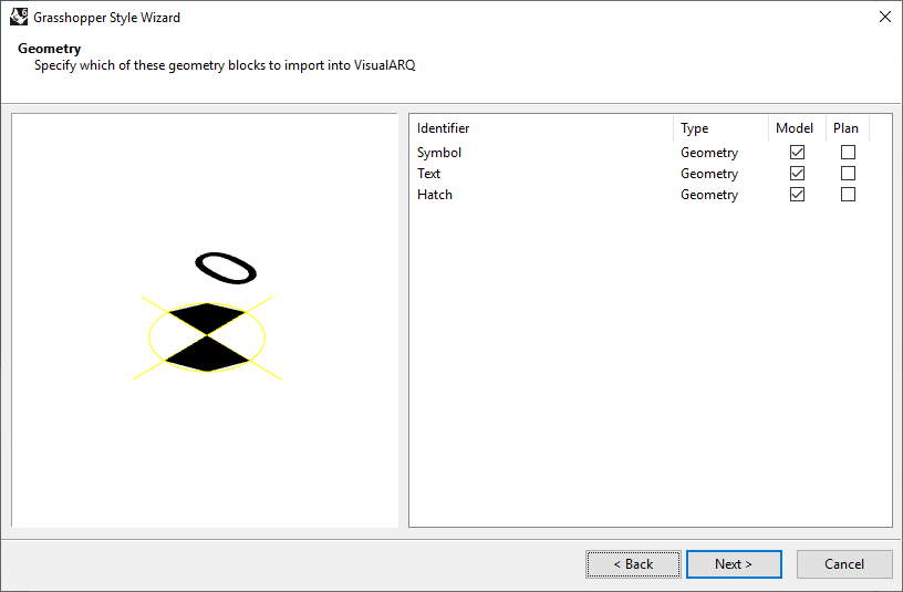 Third step of the Annotation Grasshopper Style Wizard. In this step the geometry to be displayed and its representation is chosen.