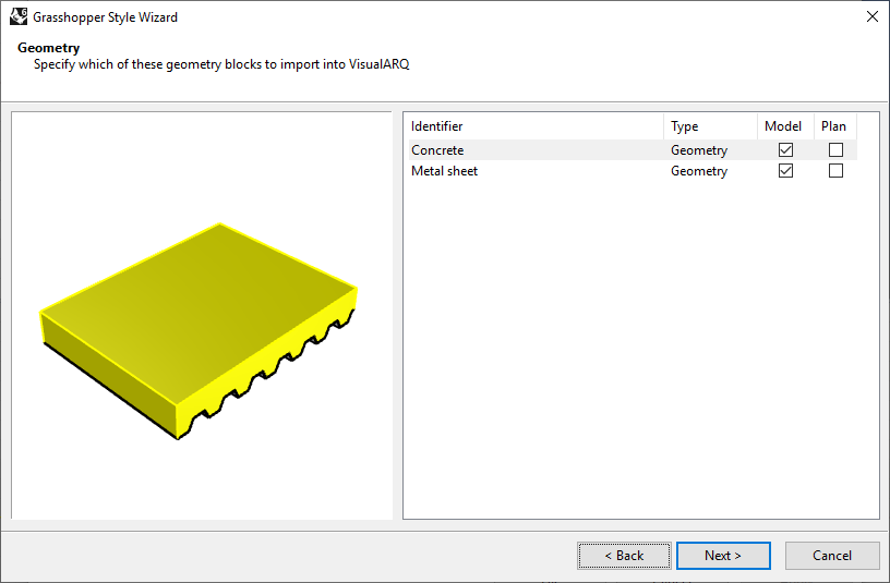 Third step of the Slab Grasshopper Style Wizard. In this step the geometry to be displayed and its representation is chosen.