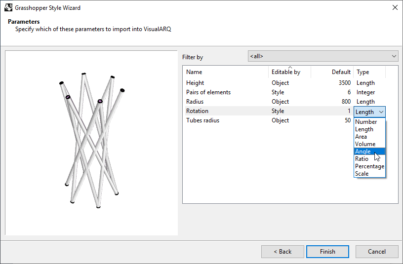 Fourth step of the Column Grasshopper Style Wizard. In this step one of the settings is the "Type", which allow to set the corresponding value type for each of the parameters.