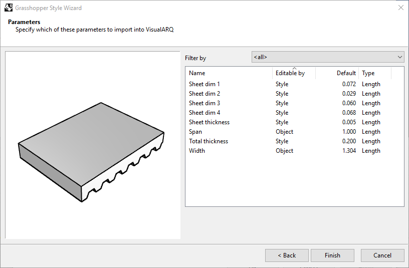 Fourth step of the Slab Grasshopper Style Wizard. In this step four settings are available (Name, Editable by, Default value and Type).