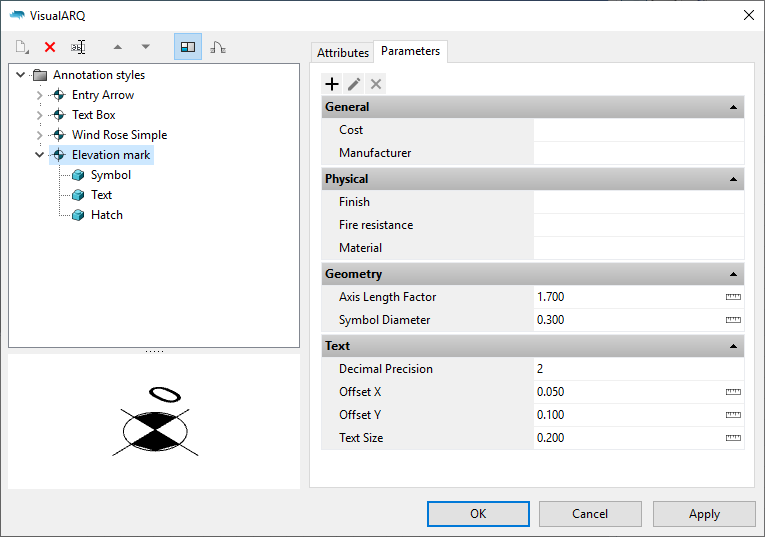 The Annotation styles dialog with the new annotation style. When it is selected the parameters appear under the "Parameters" section grouped as in the Grasshopper definition.