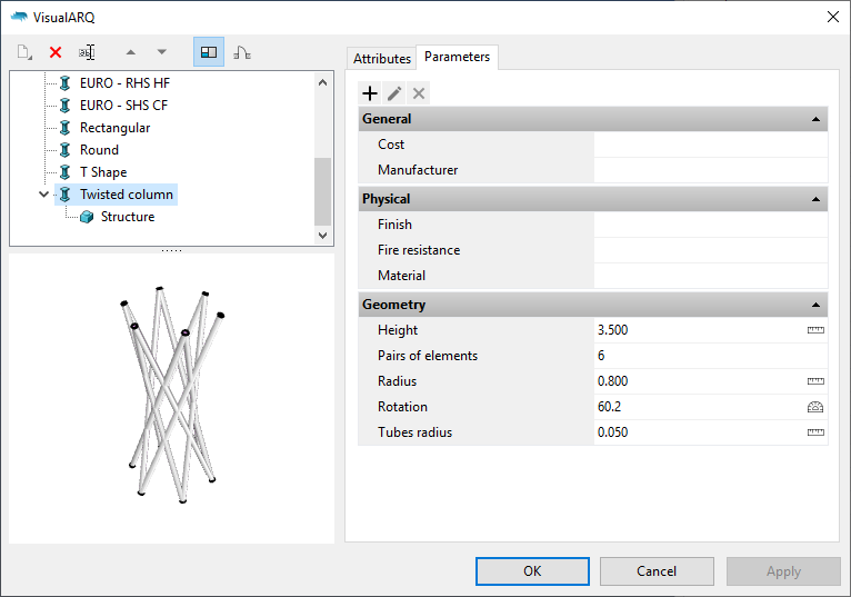 The Column styles dialog with the new column style. When it is selected the parameters appear under the "Parameters" section grouped as in the Grasshopper definition.