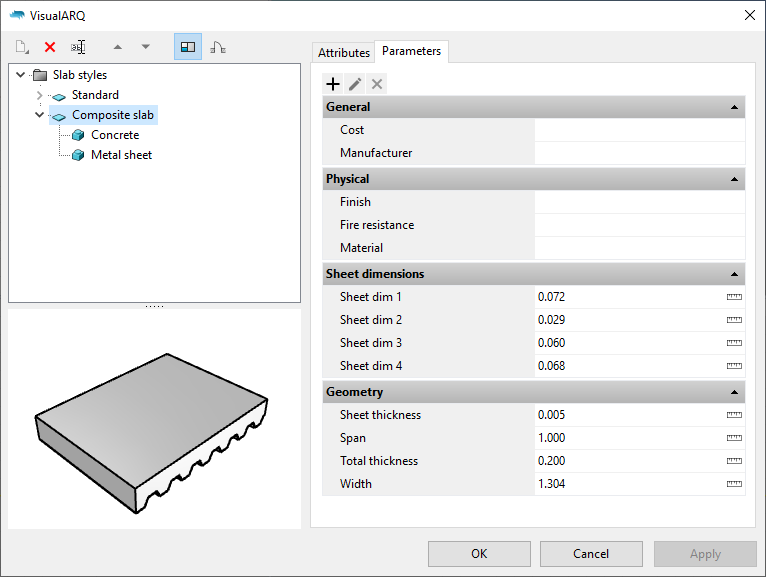 The Slab styles dialog with the new slab style. When it is selected the parameters appear under the "Parameters" section grouped as in the Grasshopper definition.