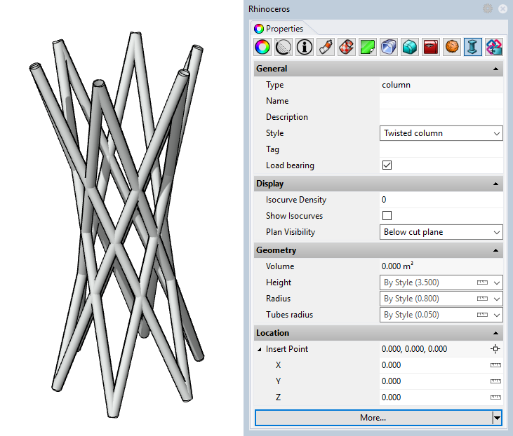 Example of a column with the new style. Some of the input parameters appear in the Properties panel since they have been set as editable by object.