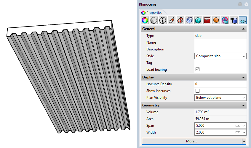 Example of a slab with the new style. Only the input parameters set as editable by object appear in the Properties panel.