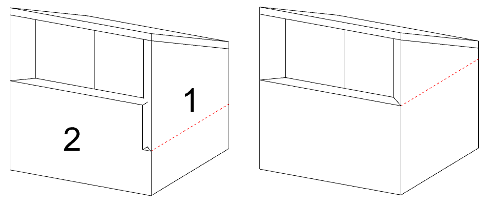 Le même modèle, à gauche, avec un problème d'intersection au niveau du mur et à droite sans problème d'intersection.