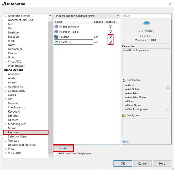 Gestionnaire de modules de Rhino 6 avec le module VisualARQ dans la liste.