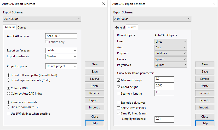 The Rhino dwg dxf export schemes dialog with the General options tab visible on the left and the Curves options tab visible on the right.