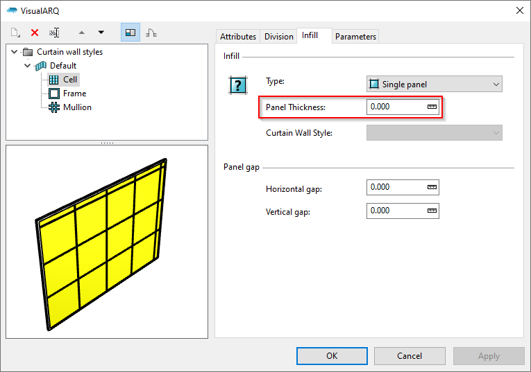 The curtain wall style dialog with the Cell component selected and the Infill tab visible.