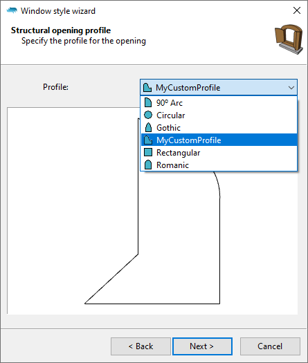 The window style wizard in the Structural opening profile step with the dropdown open and a custom profile selected.