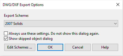 The Rhino dwg dxf export options dialog with the 2007 Solids option selected.