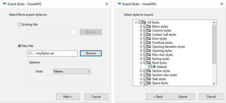 Export VisualARQ styles dialogs, on the left one for specifying the file name and location and on the right one for specifiying the styles to export.