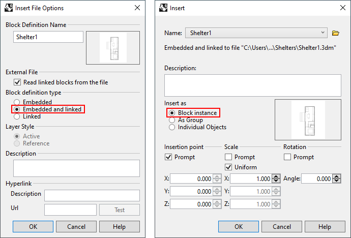 Die Einfügedialoge in Rhino 7, links der Dialog Optionen beim Einsetzen einer Datei, mit angewählter Option Eingebettet und verknüpft, und rechts der Dialog Einsetzen, mit angewählter Option Blockinstanz.