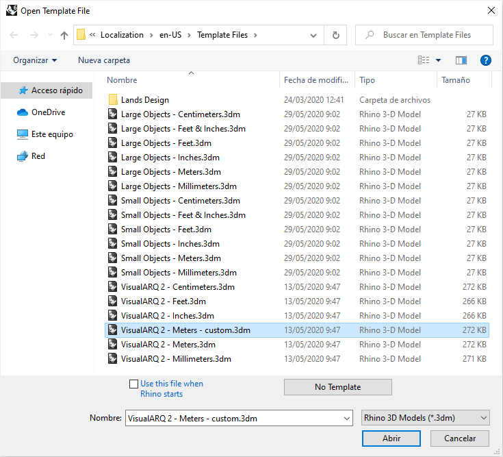 The Rhino Open Template File dialog with the list of Rhino, VisualARQ and custom template files.