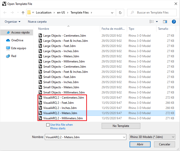 The Rhino Open Template File dialog with the list of Rhino and VisualARQ template files.