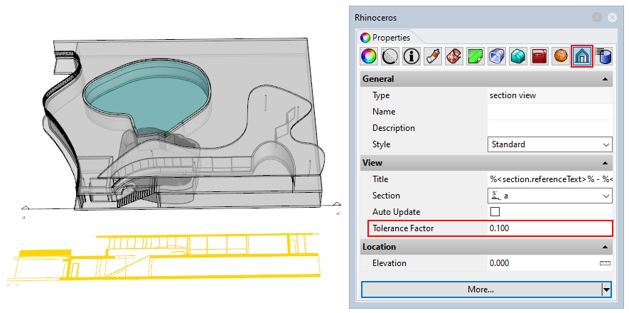 A 3D model and a section view object and the properties panel for the section view object highlighting the Tolerance Factor value.