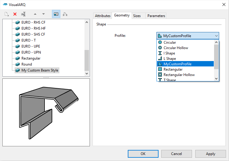 The VisualARQ beam styles dialog with a beam style with custom profile selected.