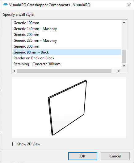 The dialog to select VisualARQ wall styles from Grasshopper.