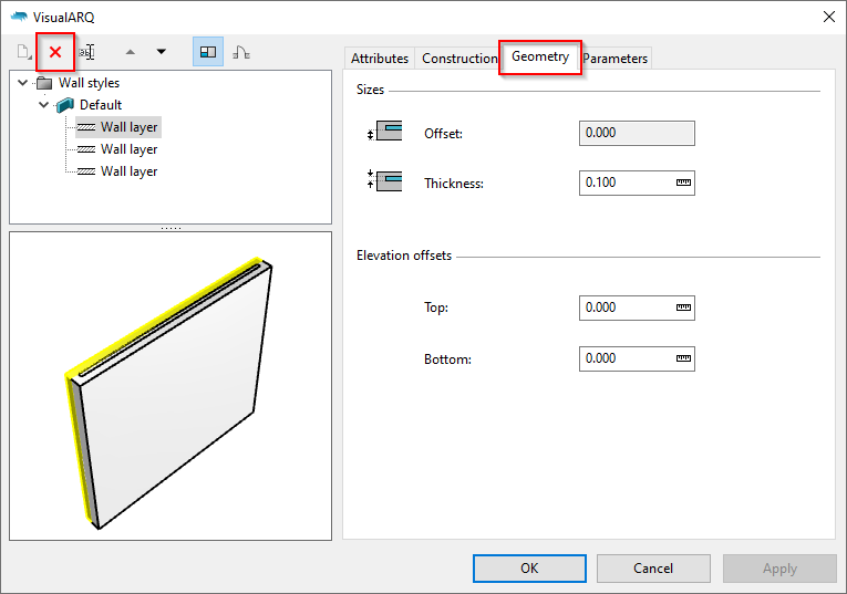 The wall style dialog with the delete component on the upper left corner and the Geometry tab visible.