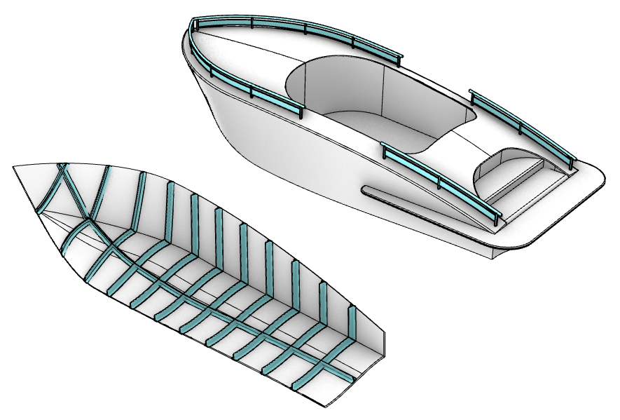 Modèle d'un bateau en 3D dont la structure a été créée avec VisualARQ