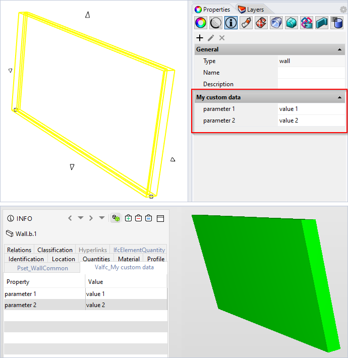 A VisualARQ Custom Parameters group and its corresponding Ifc Property Set once exported, viewed from Solibri.