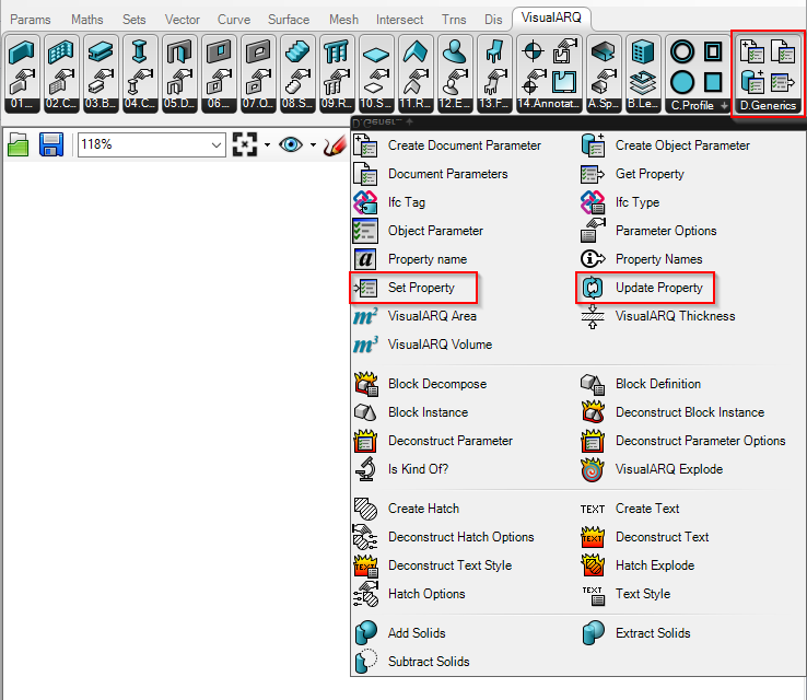 VisualARQ Grasshopper Toolbar with the last section called Generics open. Inside components to manage data can be found, like Set Property and Update Property.