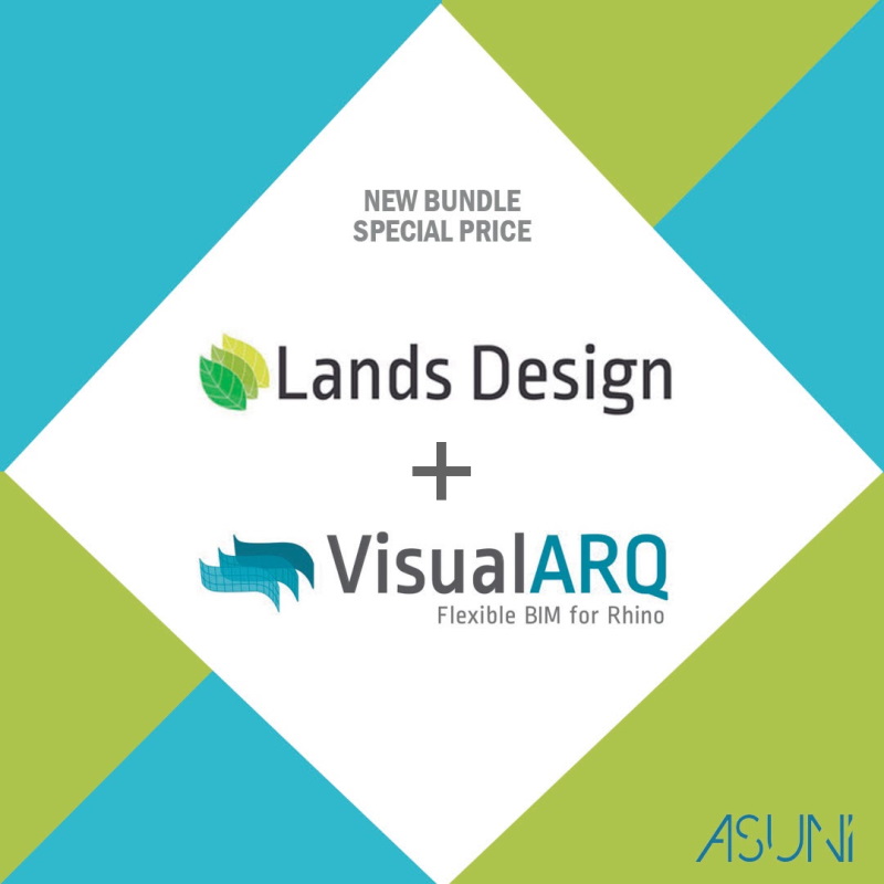 Imagen conceptual con el logotipo de Lands Design y VisualARQ que representa el nuevo paquete.