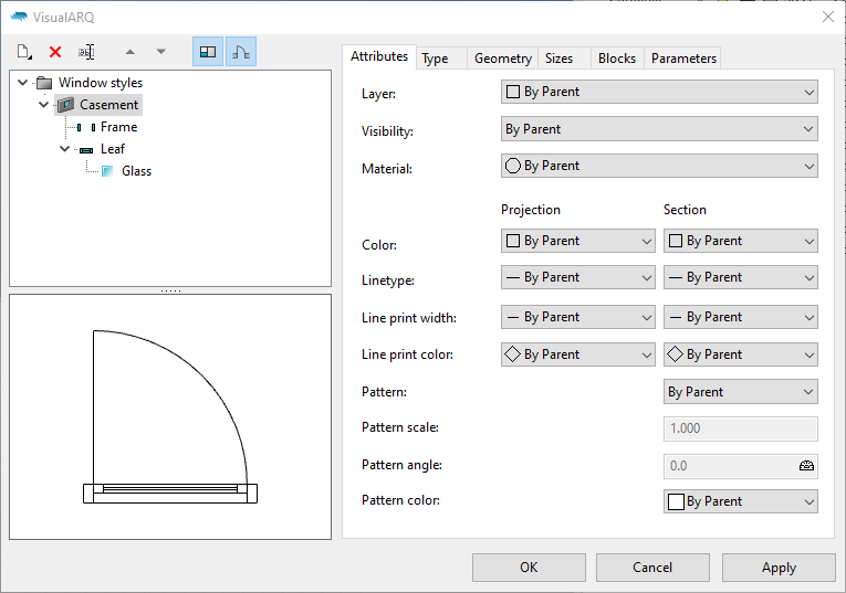 The VisualARQ Window style editor with a style called "Casement" selected and its tree of subcomponents (frame, leaf and glass) expanded.